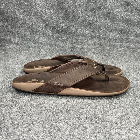 OluKai NUI Flip Flops Men's Size 10 Brown Leather Outdoor Beach Thong Sandals - Picture 1 of 11